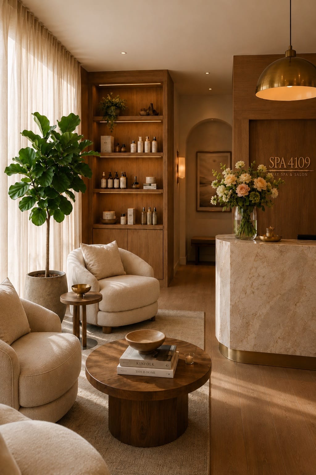 The warm, inviting reception lounge at Spa 4109 in Lynchburg, VA
